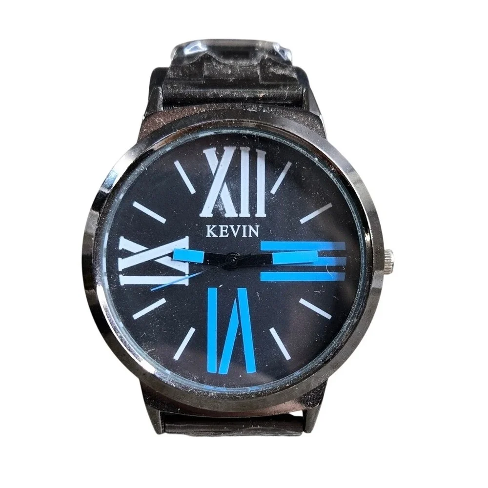 Kevin 2236 Analog Watch Mens 40mm Black Blue Roman Numeral Link Band Unused